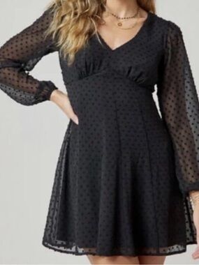 NWT FRANCESCA’S MIAMI SHEER LONG SLEEVE BLACK POLKA DOT MINI DRESS